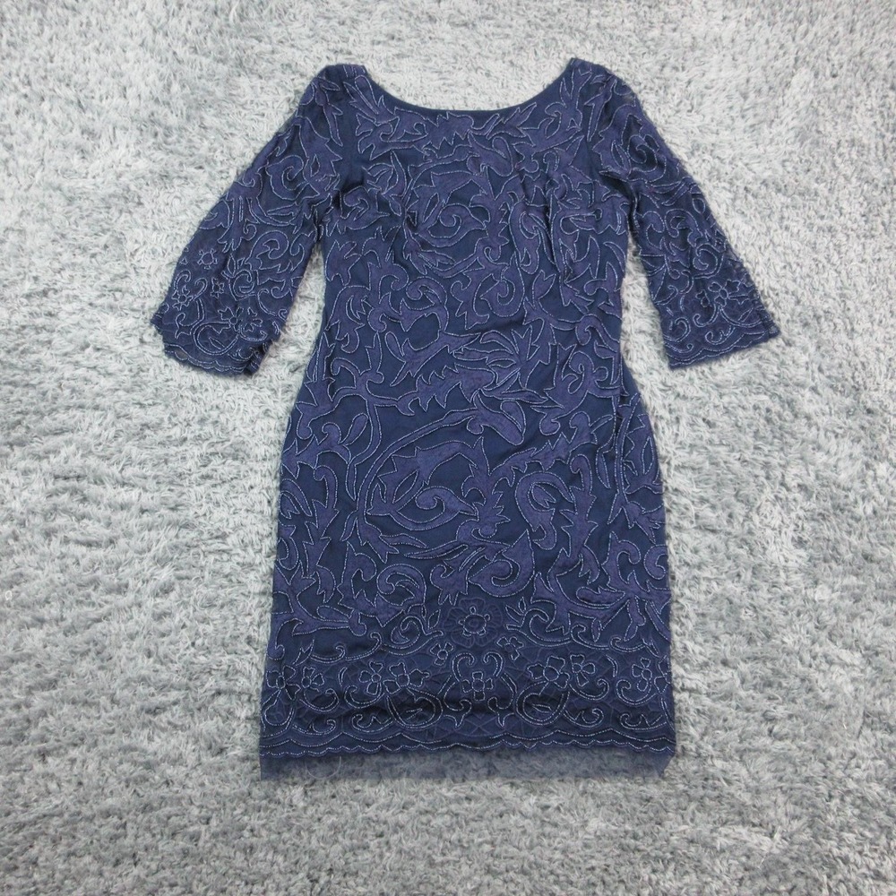 Aidan Mattox Dress Womens 10 Blue Floral Mesh 3/4 Sleeve Sheath Cocktail Party